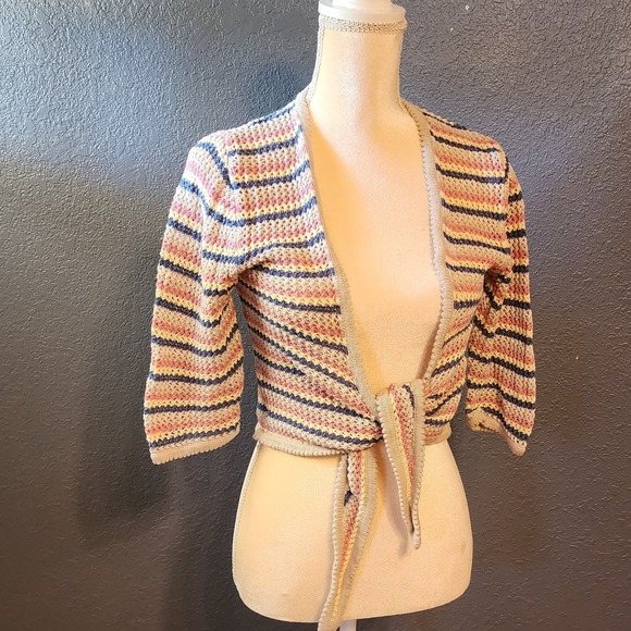 Christopher & Banks Tops - Christopher & Banks 1/2 Sleeve Crochet Striped Front Tie Cropped Size Small